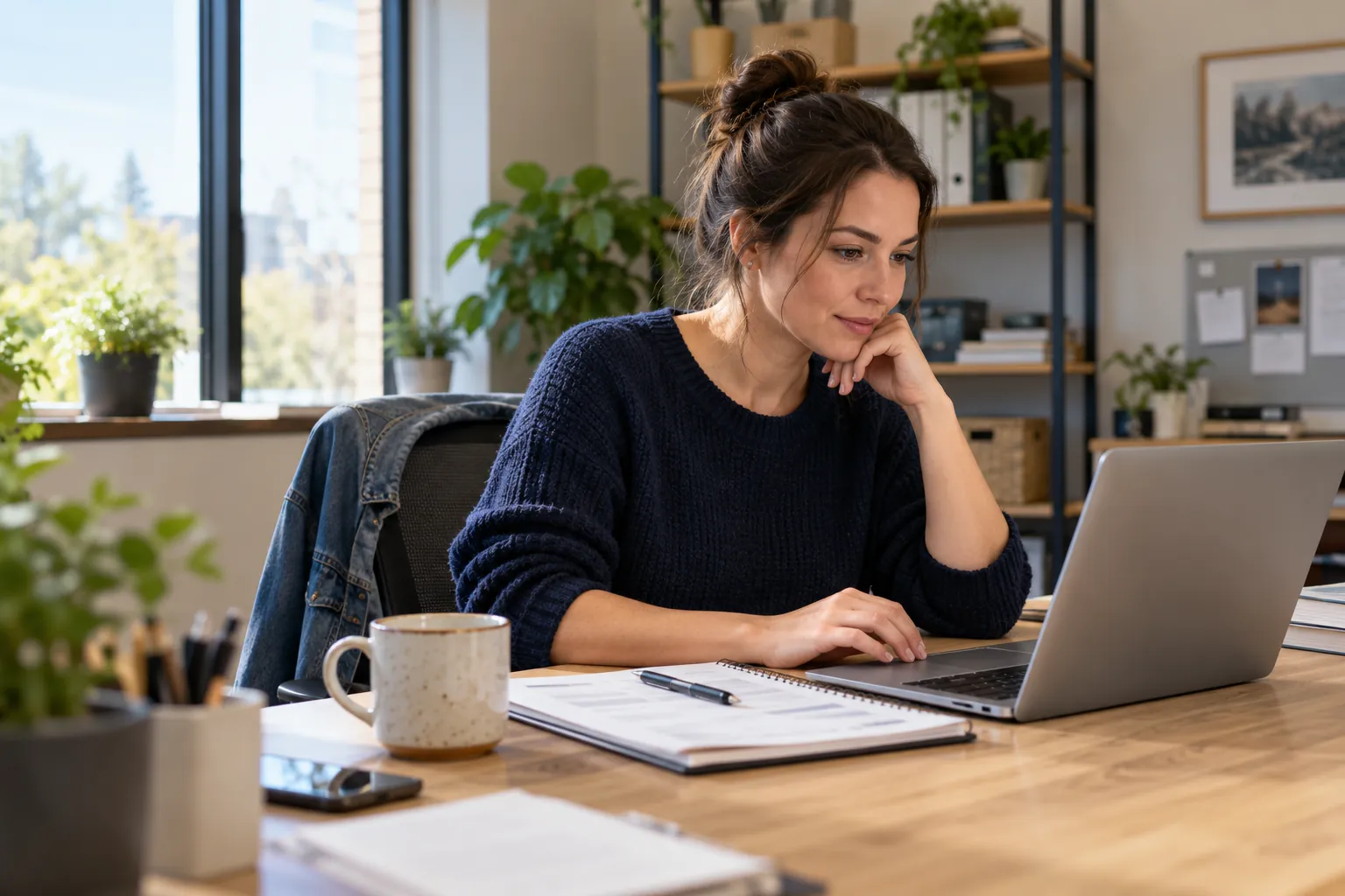 Small business owner reviewing notes at a laptop in a bright office